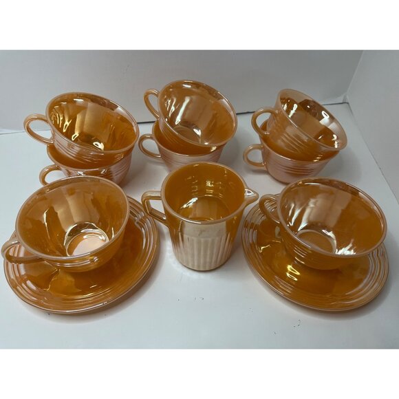 Fire King Peach Luster 8 Cups, 2 Saucers, Creamer NOS - Picture 2 of 8
